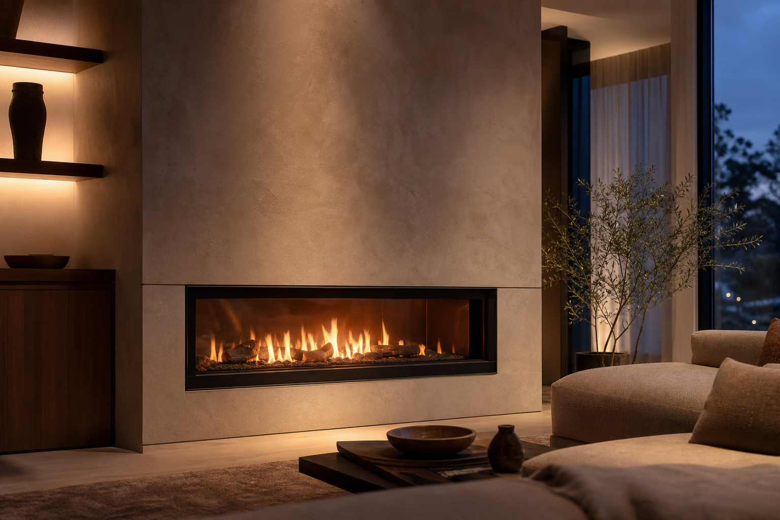 Moderne inbouw-gashaard met rustige vlammen in een woonkamer
